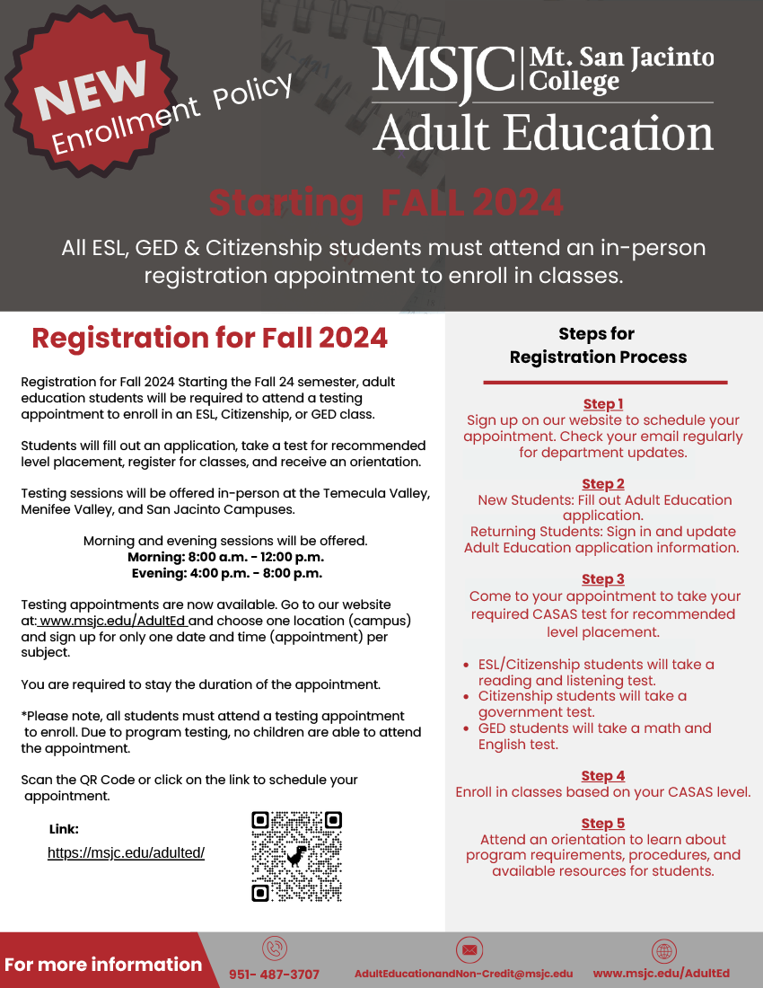 New registration process for MSJC Adult Ed classes